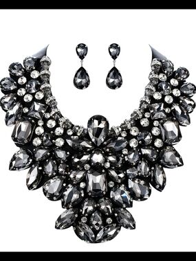 Statement Black Crystal  Necklace and Earrings Set